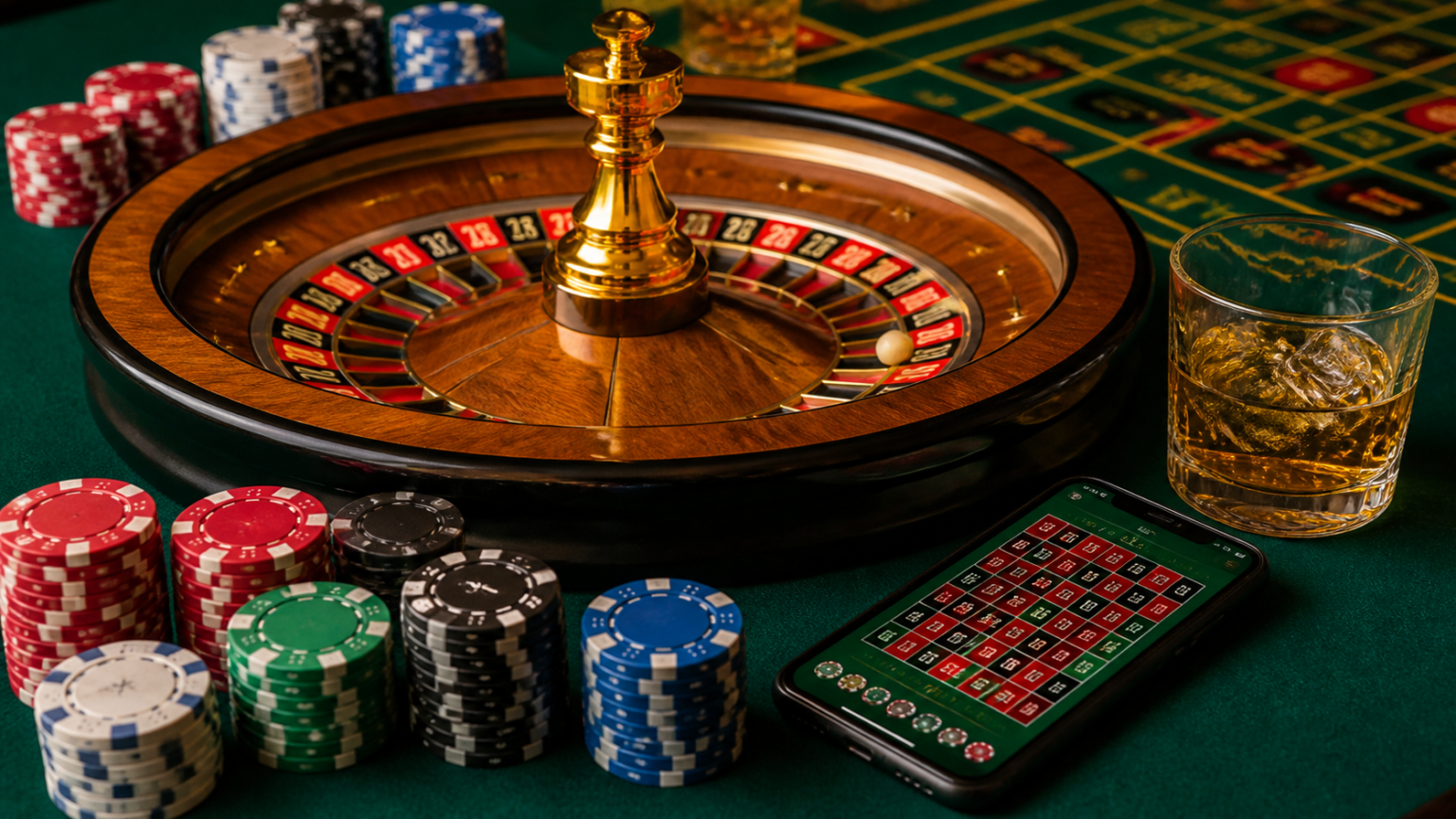 Casino roulette wheel with chips and a smartphone showing online betting