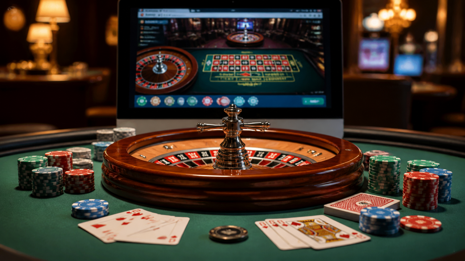 Online casino roulette table with cards and chips