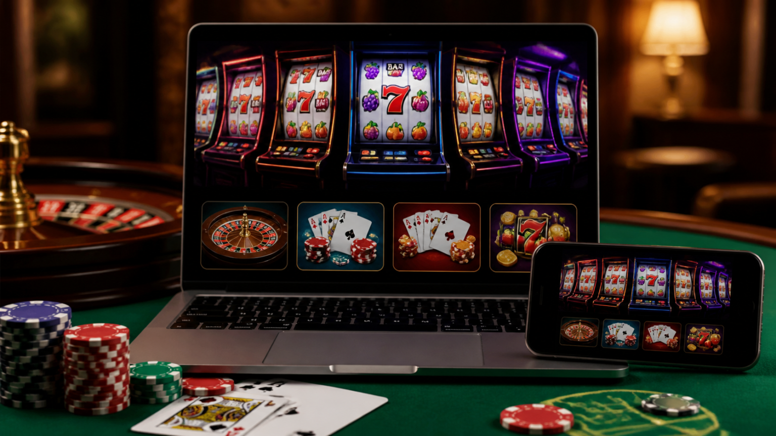 初心者向けオンラインカジノ比較|安全性や遊び方をわかりやすく紹介 Laptop showing an online casino lobby with slot and card game options