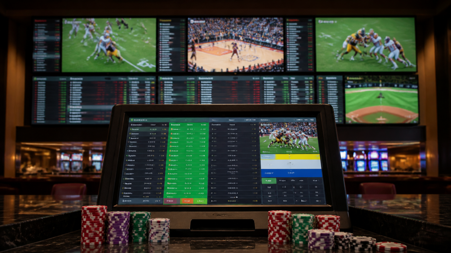 Casino sportsbook screen with betting interface and chips