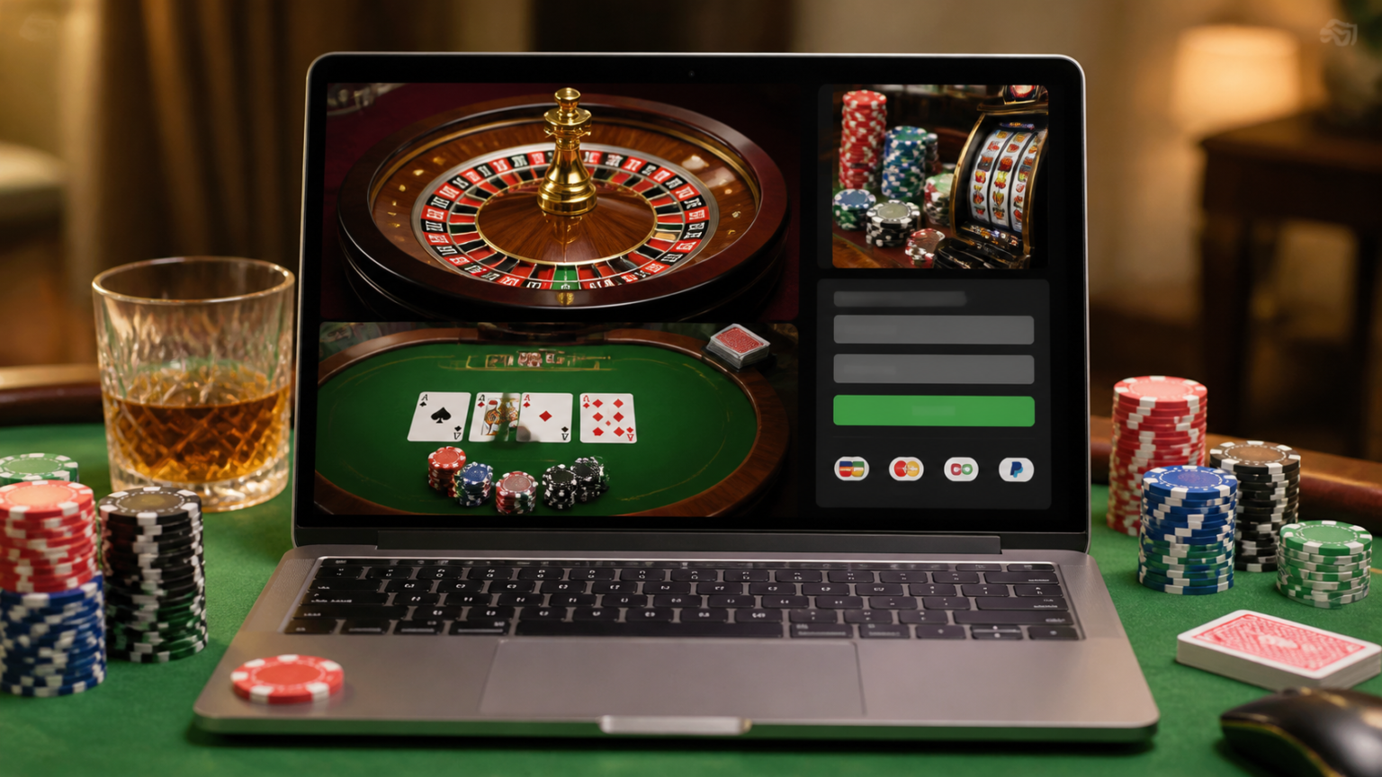 Guida visiva a un casino non AAMS affidabile con schermo e tavolo da gioco