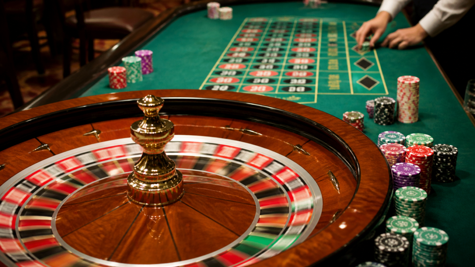 casino trực tuyến uy tín nhất: Cách đánh giá tỉnh táo Bàn roulette với bánh xe, phỉnh và mặt bàn xanh trong không gian casino