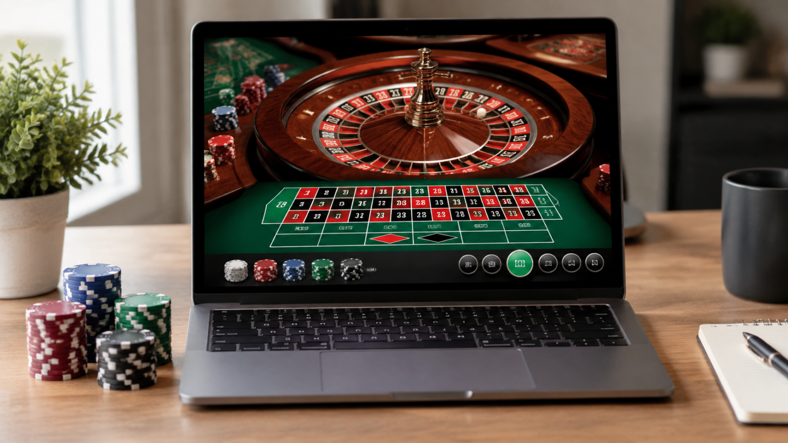 Evaluating the best online casino Singapore Options Laptop showing an online casino roulette game with betting controls and casino chips beside it.