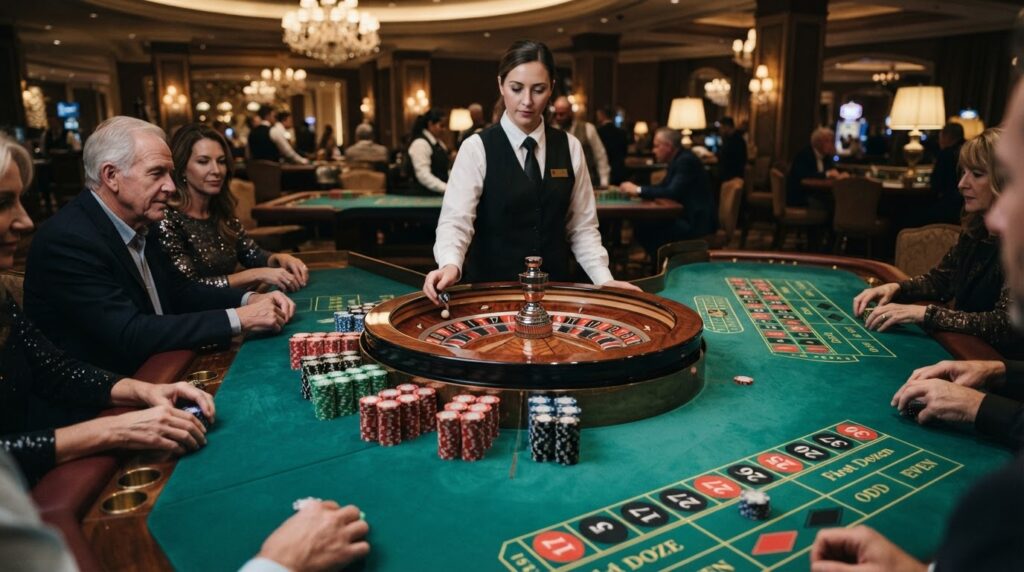A high-resolution view of a casino roulette wheel and gaming chips on green felt