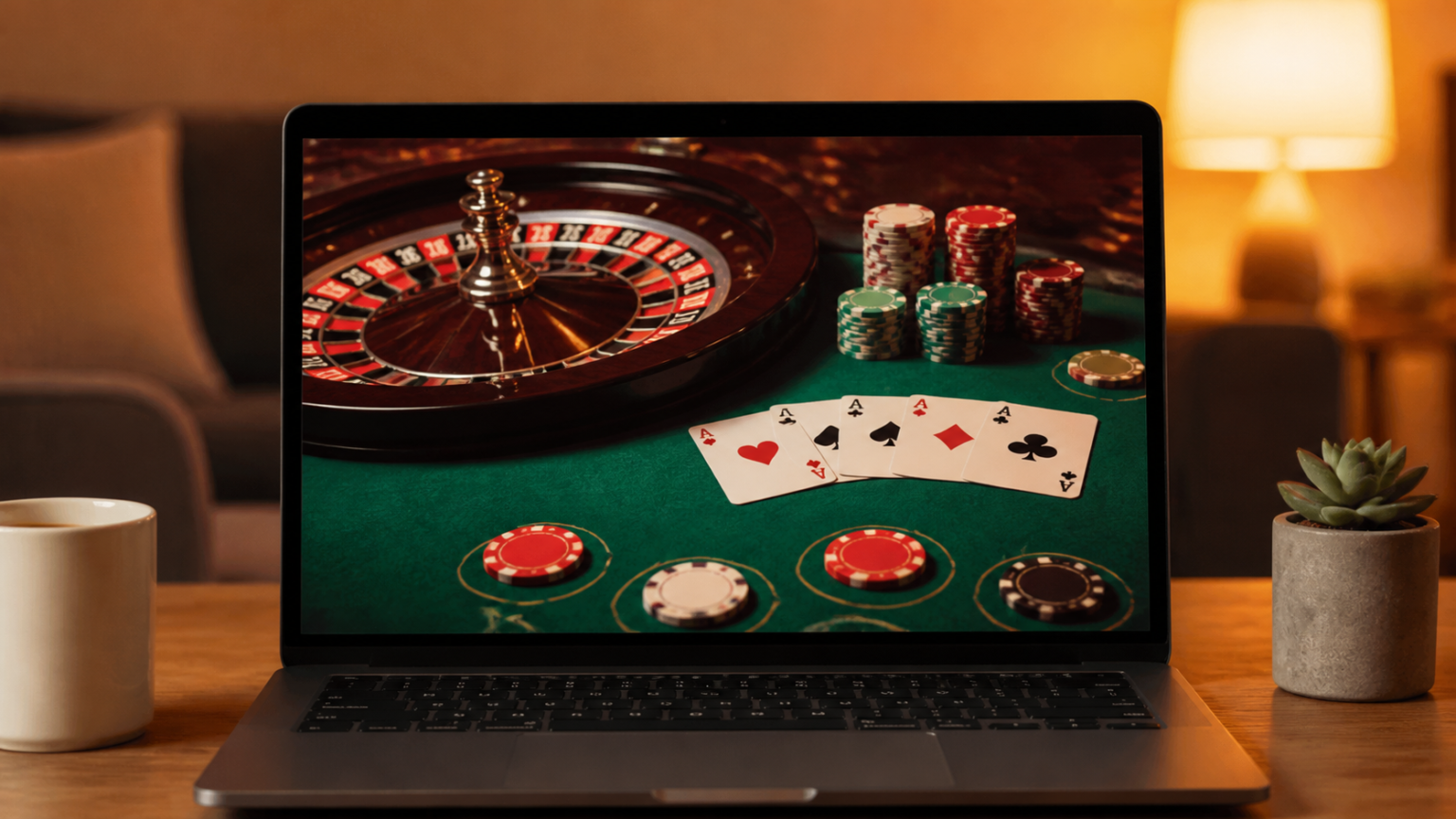 Màn hình hiển thị trò chơi casino trực tuyến với bàn roulette và chip