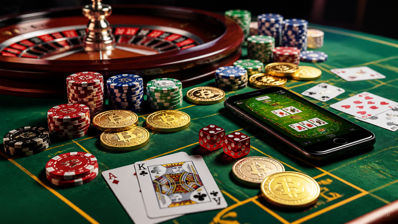 Casino table with cryptocurrency chips and a mobile gaming screen
