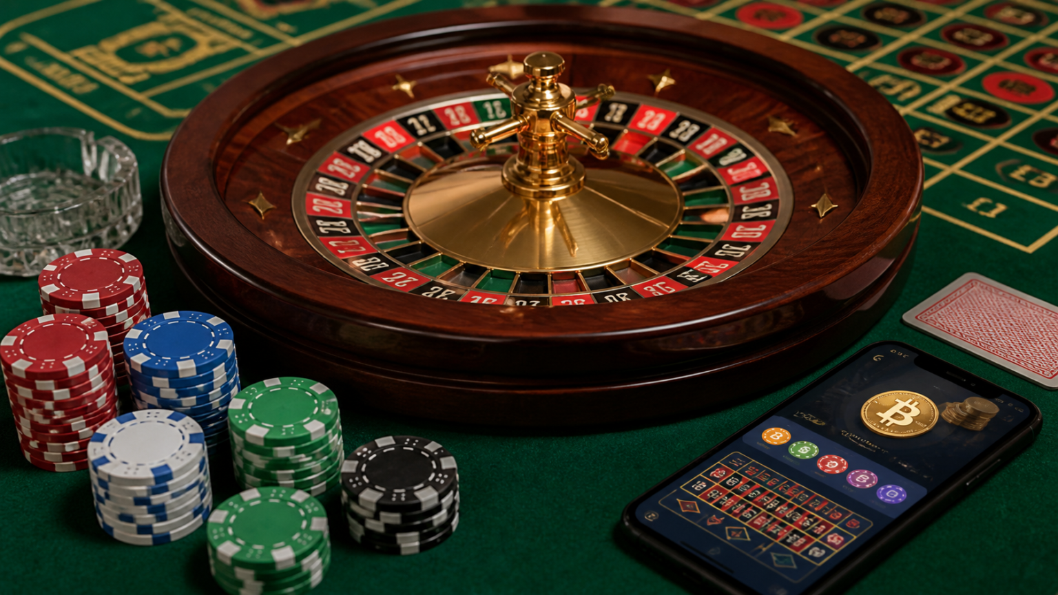 How to Evaluate a Top Crypto Casino Before You Play Casino gaming table with chips and a crypto casino interface on a phone