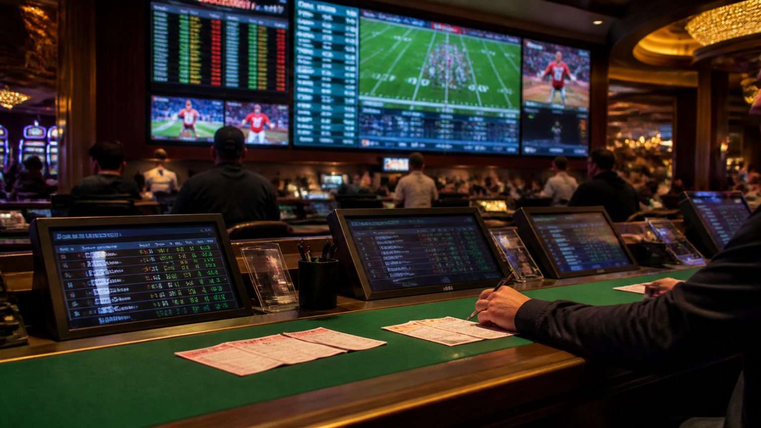 Sports betting table with odds screens and betting slips