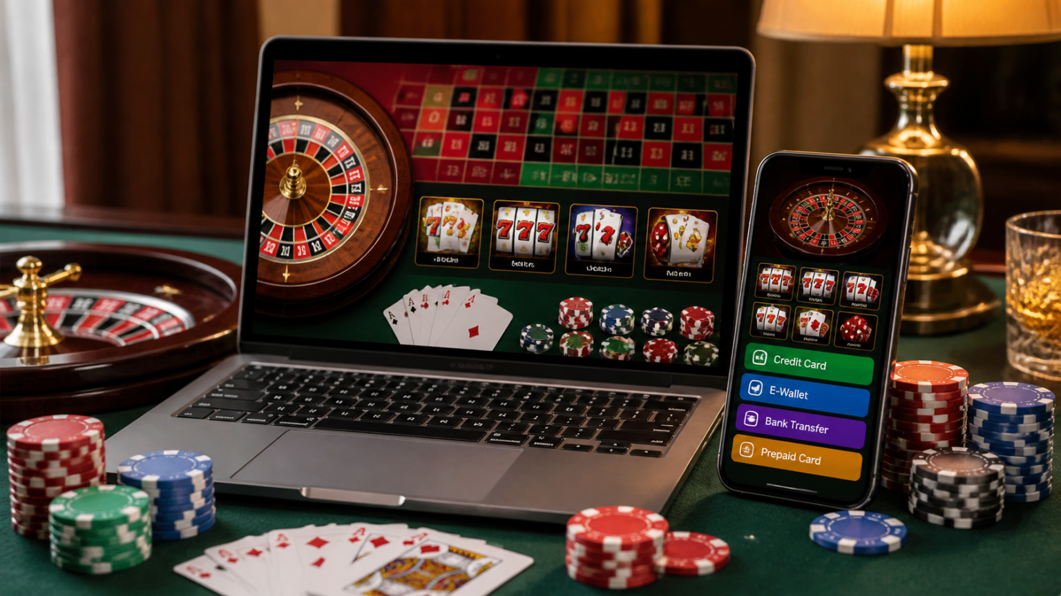 Malaysia Online Casino: What Players Should Consider Before Joining Online casino interface on laptop and phone with cards and chips