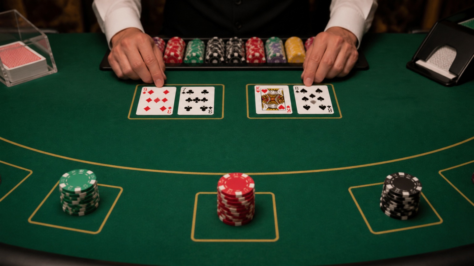 Mục tiêu của baccarat và các lựa chọn cược cơ bản: baccarat là gì Bàn baccarat với bài đang chia và phỉnh cược trong sòng bạc
