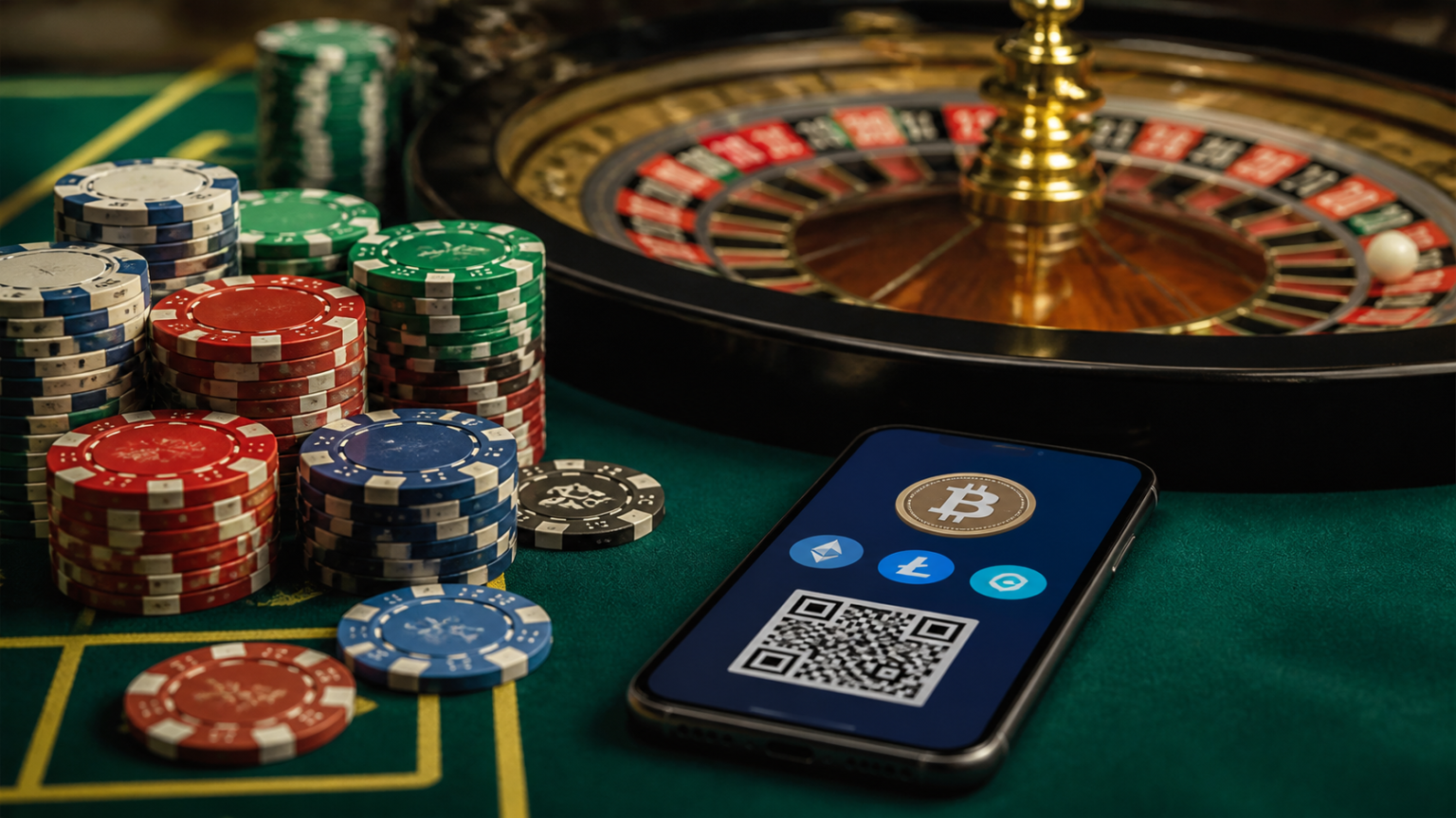 online casino crypto: A Practical Player’s Guide Roulette table beside a smartphone with a generic cryptocurrency payment screen