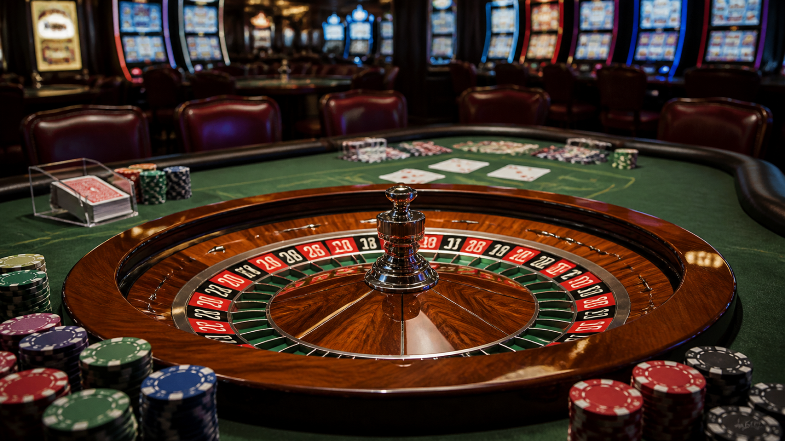 Casino gaming setup with slots, cards, chips, and roulette table