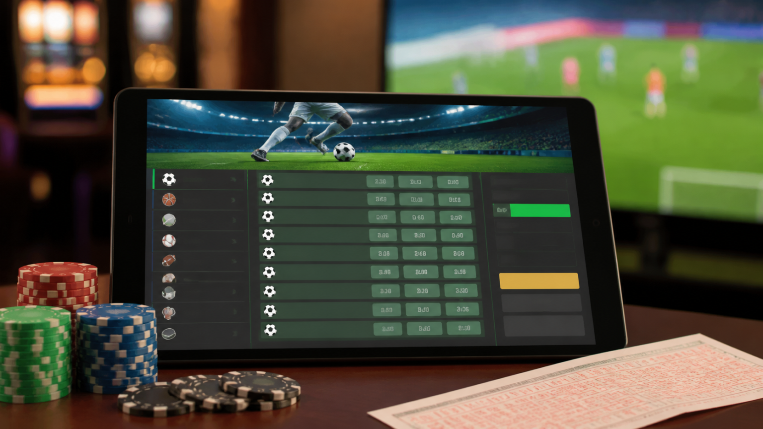 Sports betting screen with casino chips and betting ticket