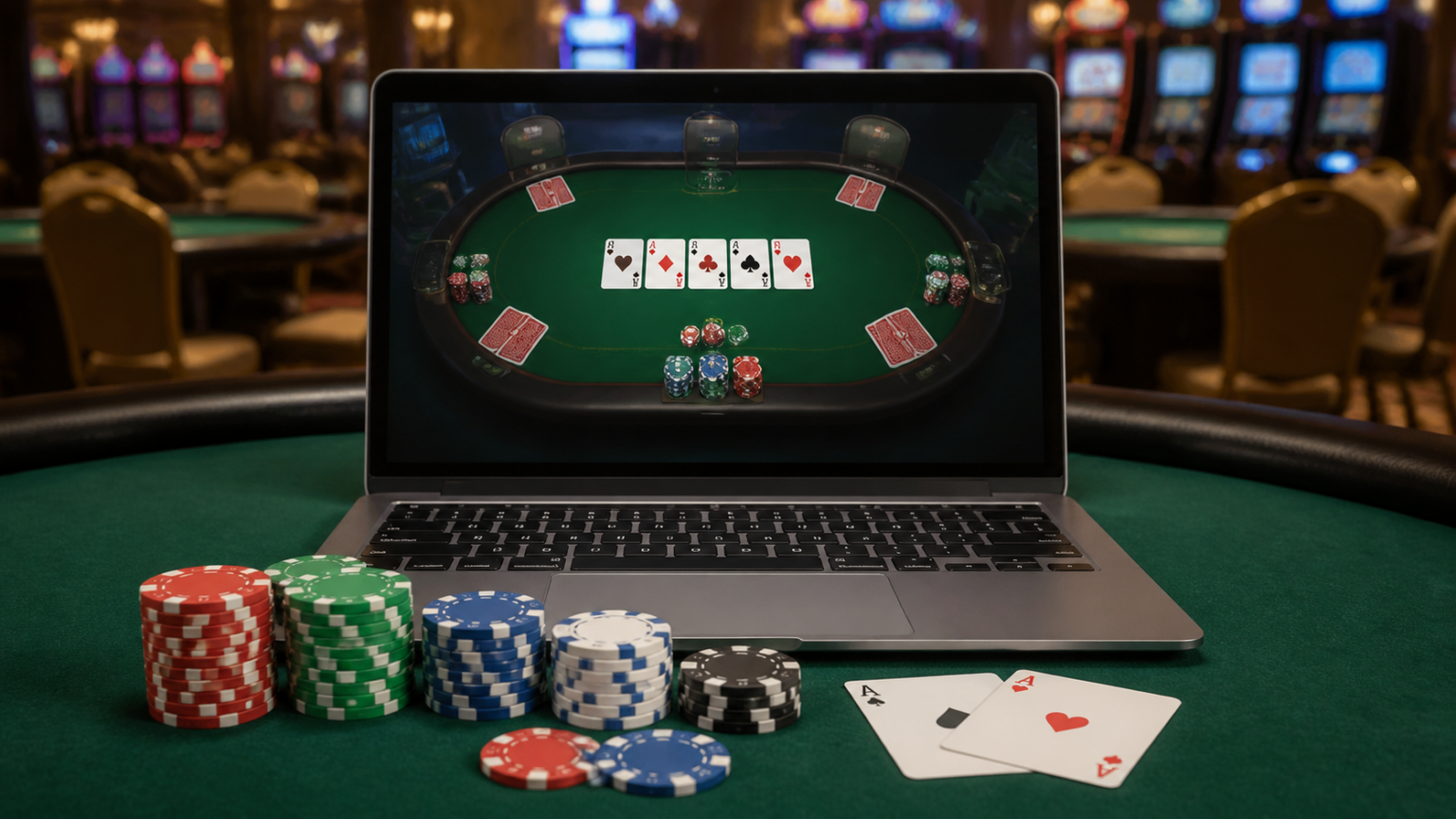 Smart Strategies for Poker Game Online Players Laptop showing an online poker table with cards and chips