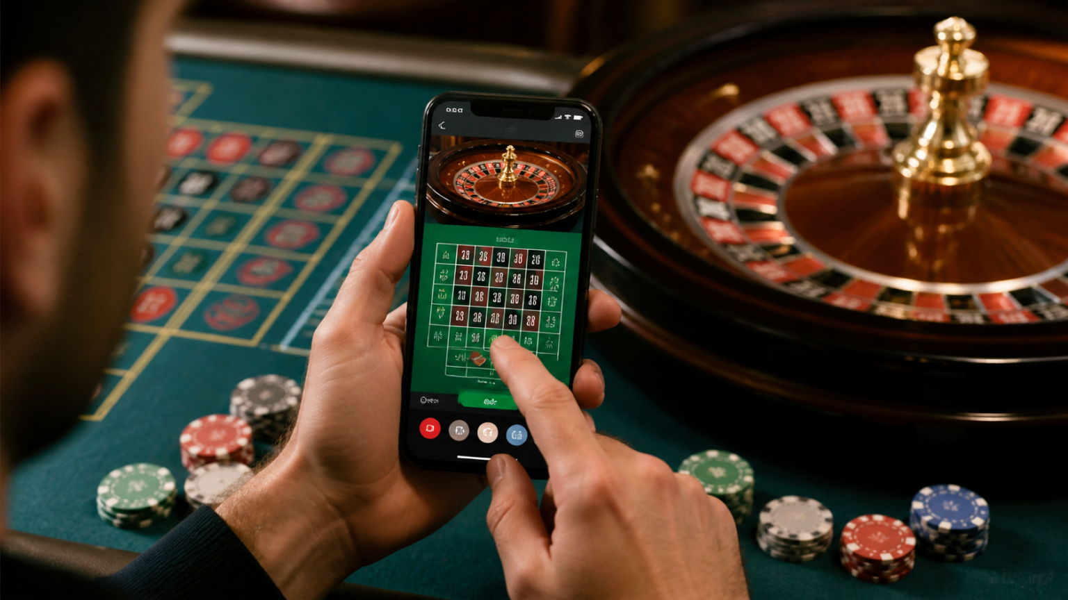 A smartphone displaying a casino betting website beside a roulette table