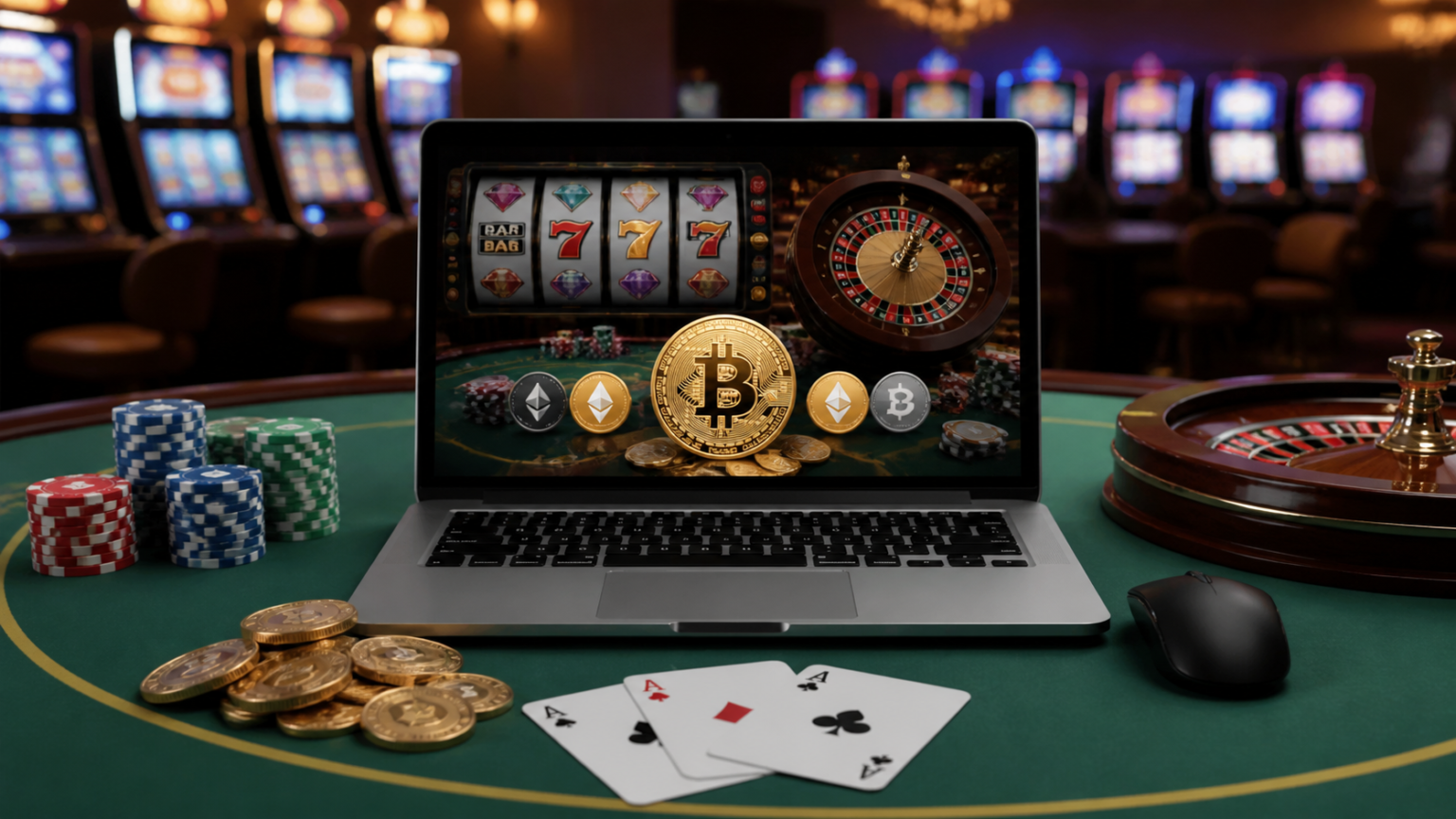 Online casino screen with crypto payment theme and casino games