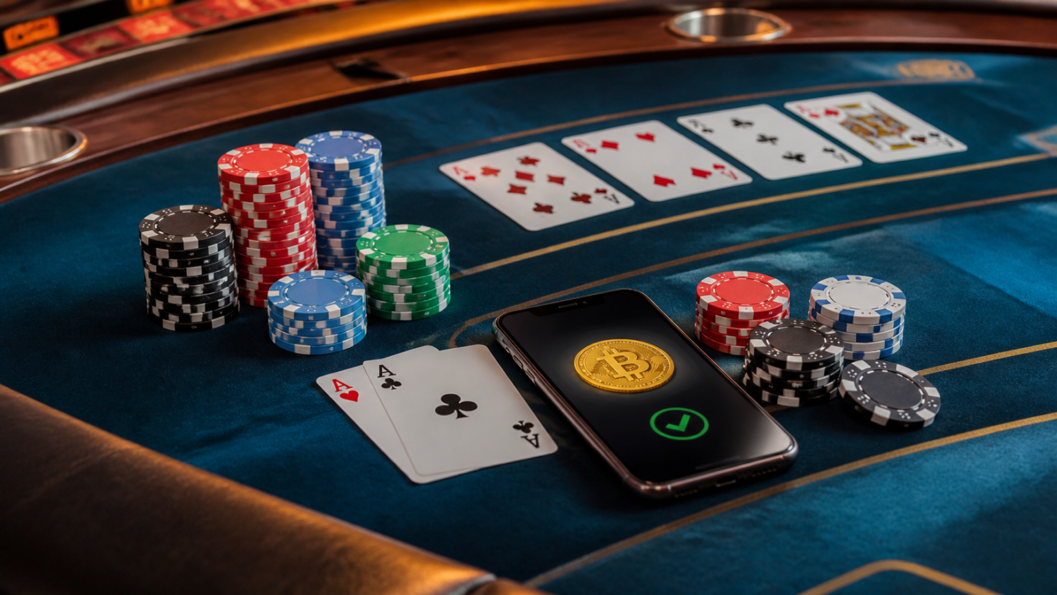 Mengenal Jenis Permainan Kasino Populer di Situs Judi Online Crypto casino table with chips, cards, and digital payment device